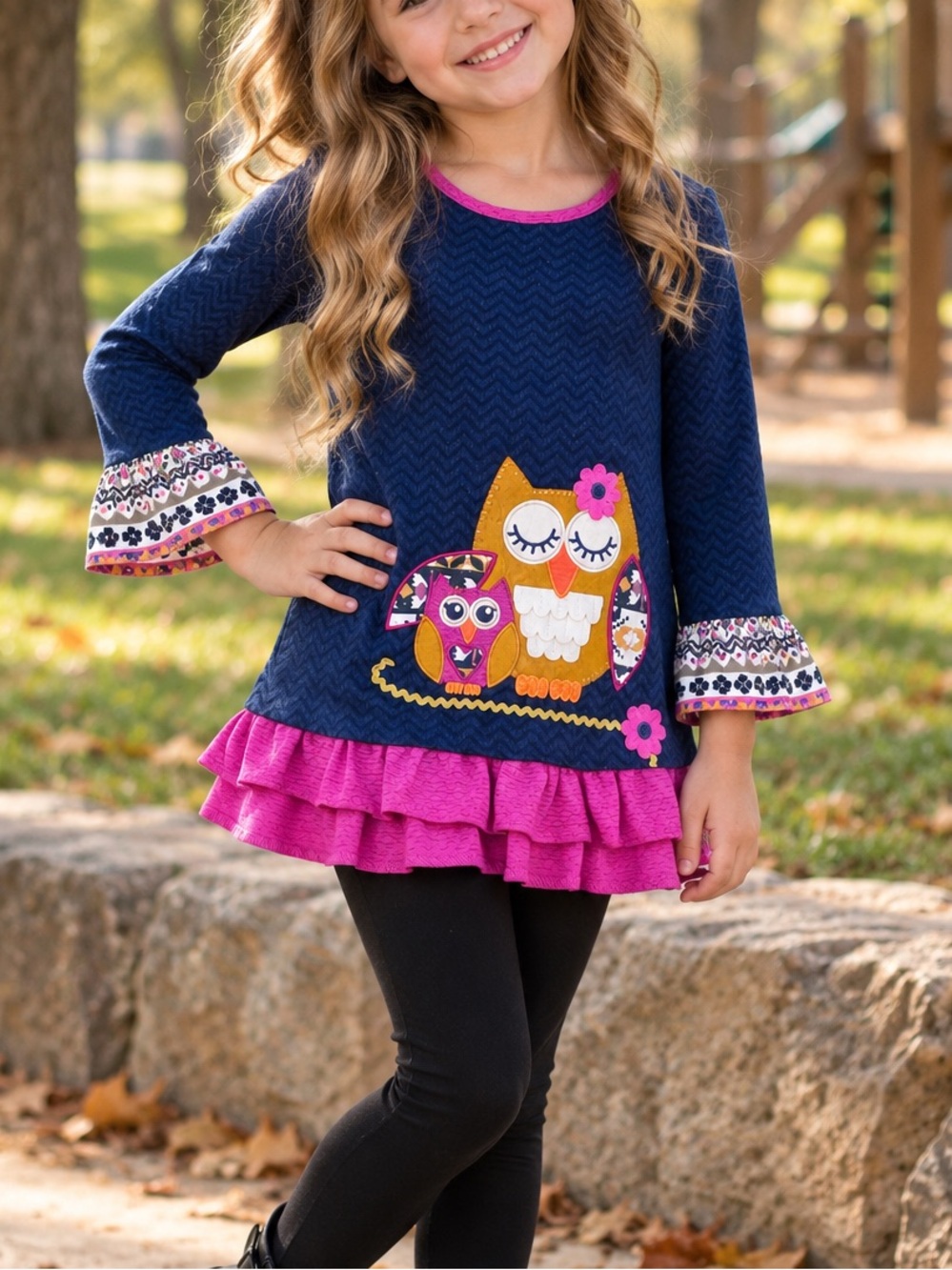 Emily Rose Girls Navy Owl Appliqué Ruffle Tunic Top Pink Chevron